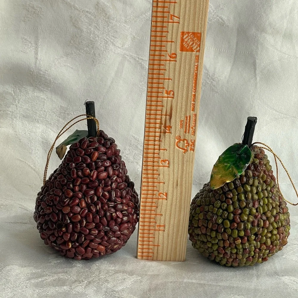 Pier 1 Beaded Pears with Metal Leaves Fall Autumn Decor Ornaments Set of 2